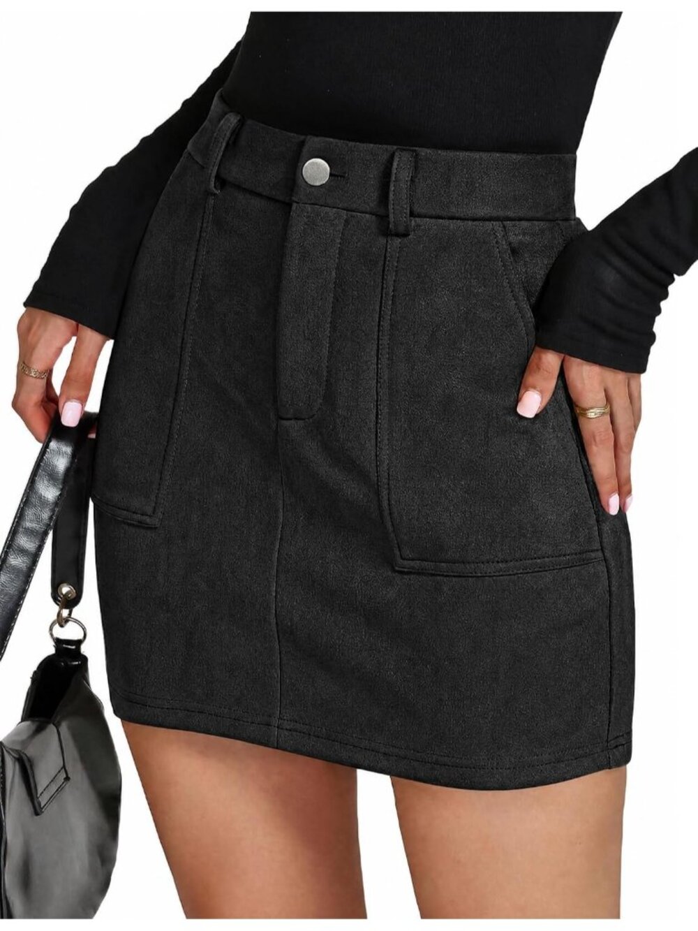 Women Black Faux Suede Button & Zipper Belt Loops Pockets Mini High Waist Skirt